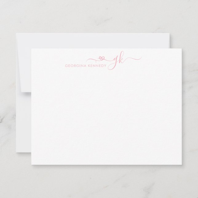 Girly Elegant Heart Script 2 Monogram  Rosa Anteckningskort (Framsida)