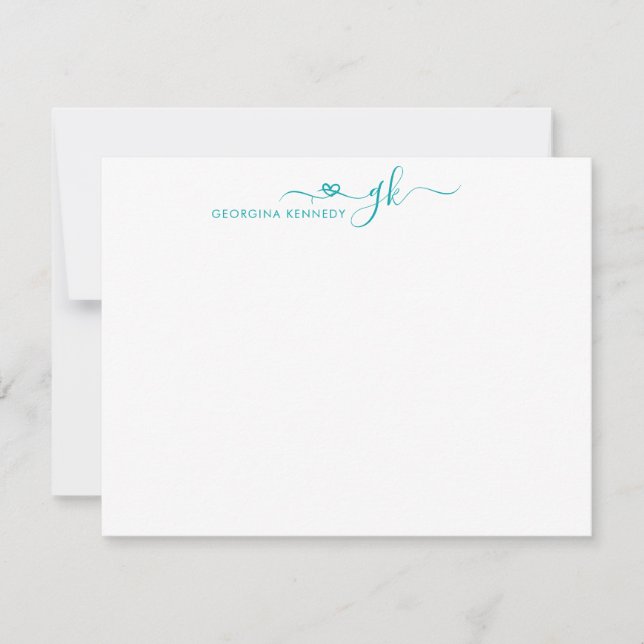 Girly Elegant Heart Script 2 Monogram Teal Grönt Anteckningskort (Framsida)
