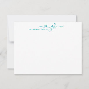 Girly Elegant Heart Script 2 Monogram Teal Grönt Anteckningskort