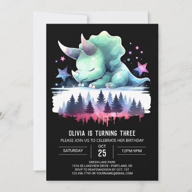 Girly Elegant Triceratops Birthday Inbjudningar (Framsida)