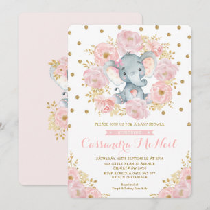 Girly Elephant Rosa Blommigt Flicka Shower Inbjudningar