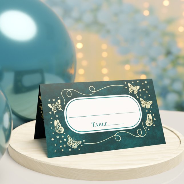 Girly Emerald Grönt Guld 15 år gamla fjärilar Placeringskort (Girly Emerald Green Gold 15 Years Old Butterflies Place Card)