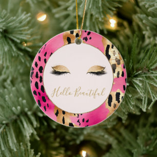 Girly Eyelash Rosa Glam Guld Gnistra Leopard Julgransprydnad Keramik