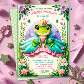Girly Fairy Tale Frog Princess Födelsedagsfest Inbjudningar