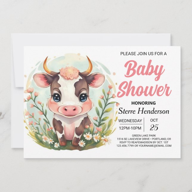 Girly Farmyard Magic Cow Baby Shower Inbjudningar (Framsida)