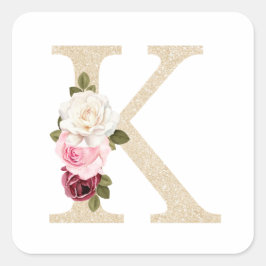 Girly Faux Guld glitter Blommigt Brev K Monogram Fyrkantigt Klistermärke