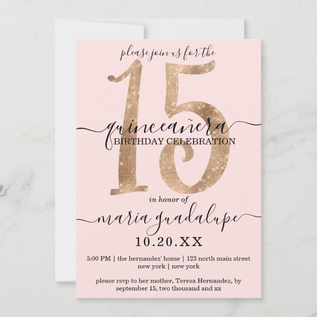 Girly Faux Guld Glitter  Rosa Quinceañera Inbjudningar (Framsida)