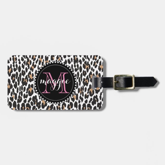 Girly Faux Leopard Skriv ut Monogram mönster Bagagebricka (Horisontell Framsida)