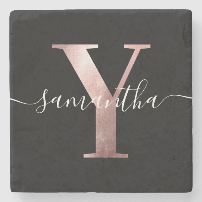 Girly Faux Ro Gold Foil Monogram White and Black Stenunderlägg (Framsidan)