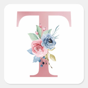 Girly Faux Rosa Foil Blommigt Brev T Monogram Fyrkantigt Klistermärke