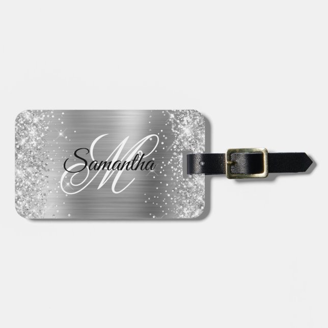 Girly Faux Silver Glitter och Shiny Foil Bagagebricka (Horisontell Framsida)