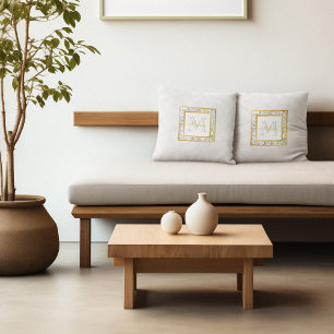 Girly Faux White Leather Marble Guld Monogram Kudde