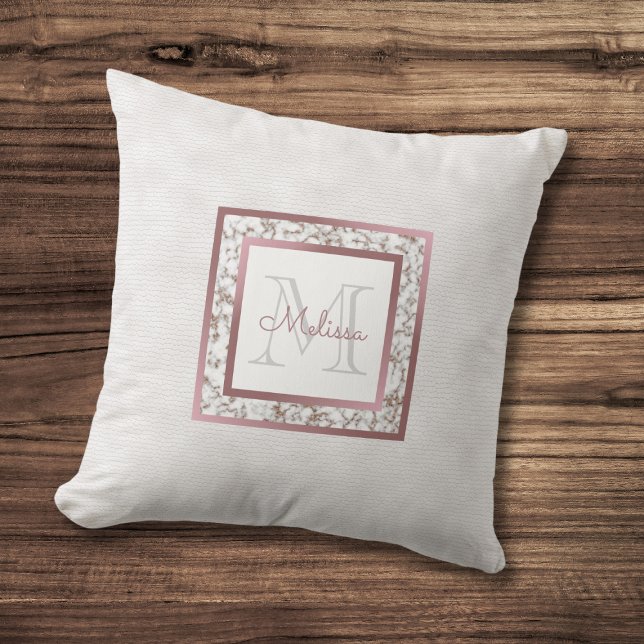 Girly Faux White Leather Marble Ro Guld Monogram Kudde (Skapare uppladdad)