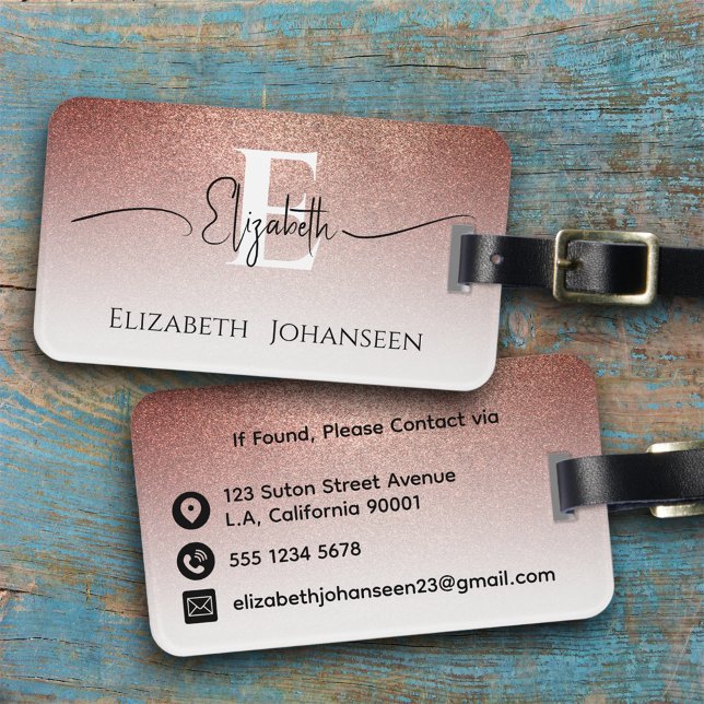 Girly Feminine Ro Guld Glitter White Monogramme Bagagebricka (Skapare uppladdad)