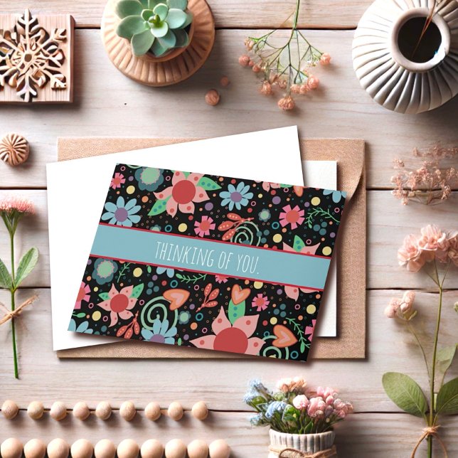 Girly Flowers Black Inspiritivity Notecard Kort (Skapare uppladdad)