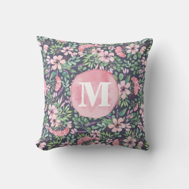 Girly Flowers Lilac rosa  grönt mörk monogram Kudde (Framsida)