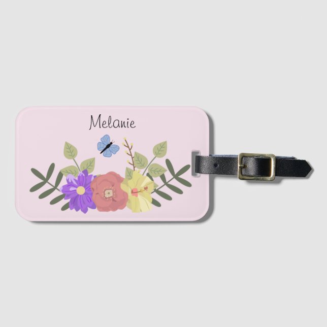Girly Flowers och Butterfly Pastel Rosa Namn Bagagebricka (Framsida horisontal)
