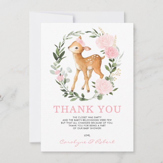 Girly Forest Hjort Fawn Woodland Greenery Baby Tack Kort (Framsida)