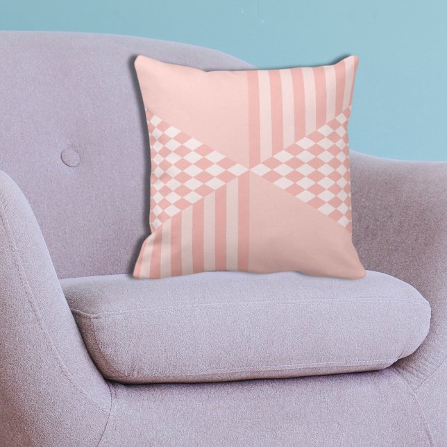 Girly Geometric Rosa Rand Diamond-Checkers Kudde (Girly Geometric Pink Stripes Diamond Checkers Throw Pillow)