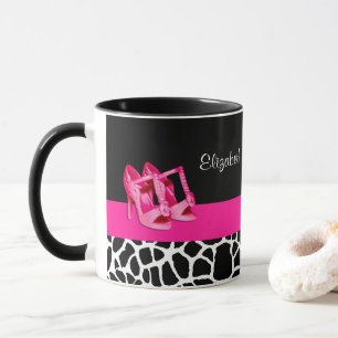Girly Giraffe Print Cute Rosa Pumps Shoes och Namn Mugg