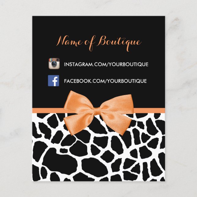 Girly Giraffe Print Orange Bow Mode Boutique Flygblad (Framsidan)