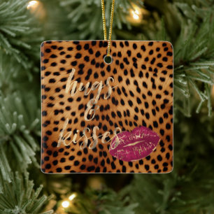 Girly Glam Cheetah Leopard Hugs & Kisses Läppar Julgransprydnad Keramik