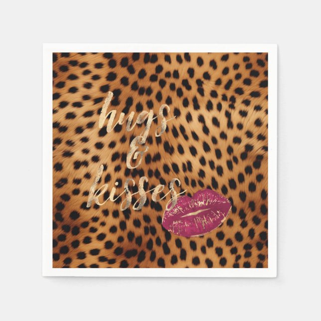 Girly Glam Cheetah Leopard Hugs & Kisses Läppar Pappersservett (Framsidan)