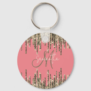 Girly Glam Glittery Rosa & Golden Monogram Nyckelring