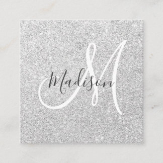 Girly & Glam Grått Silver Glitter Gnistra Monogram Fyrkantigt Visitkort
