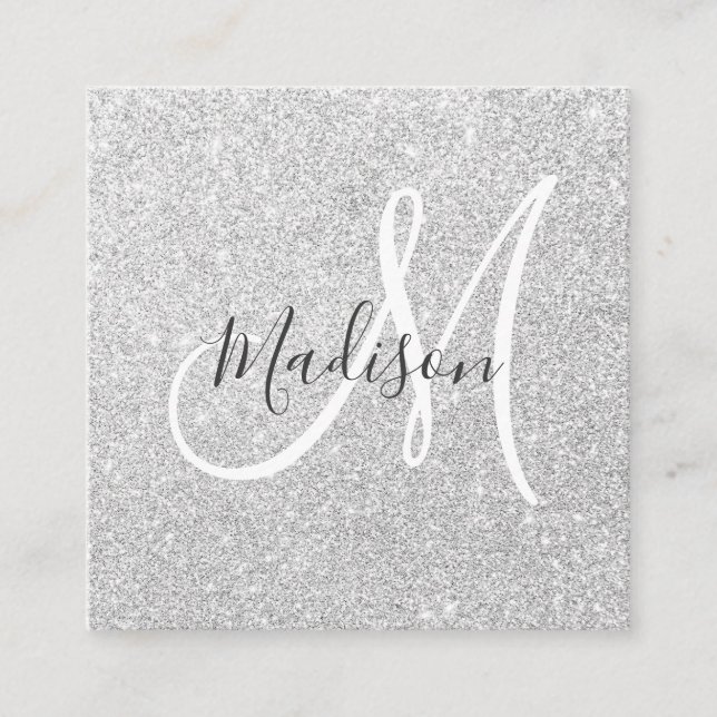 Girly & Glam Grått Silver Glitter Gnistra Monogram Fyrkantigt Visitkort (Framsida)