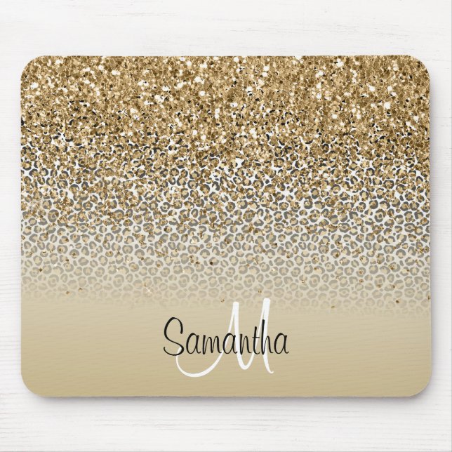 Girly Glam Guld Leopard Skriv ut Glitter Monogram Musmatta (Framsidan)