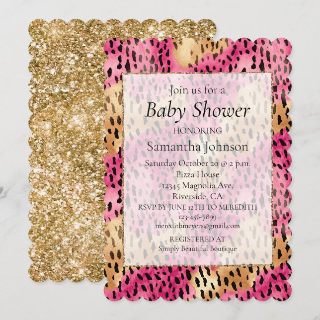 Girly Glam Guld Rosa Leopard Inbjudningar (Fram/baksida)