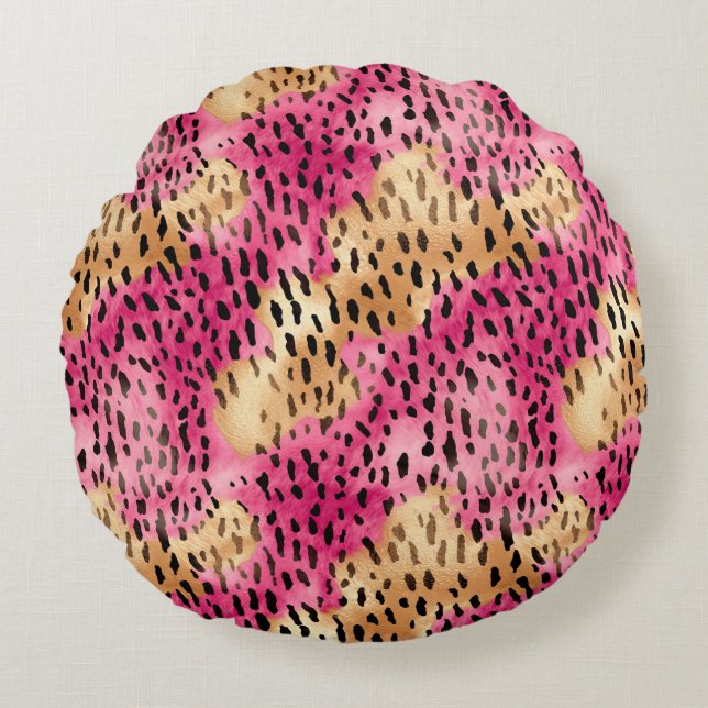 Girly Glam Guld Rosa Leopard Rund Kudde (Framsidan)