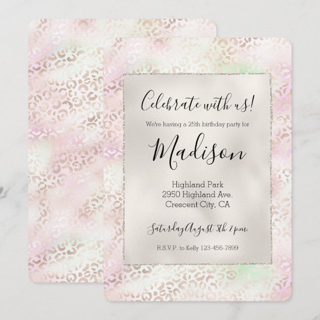 Girly Glam Guld Rosa Mint Ombre Leopardtryck Inbjudningar (Fram/baksida)