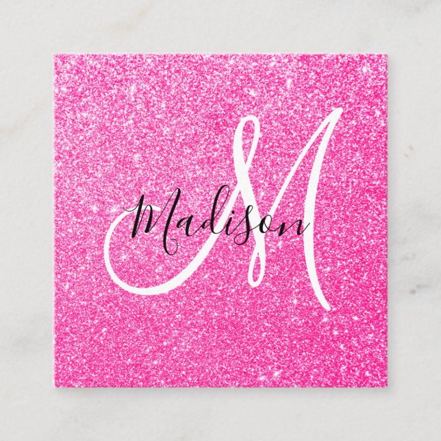 Girly & Glam Hot Pink Glitter Gnistrar Monogram Fyrkantigt Visitkort (Framsida)