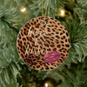 Girly Glam Leopard Hugs & Kisses Läppar Julgransprydnad Keramik