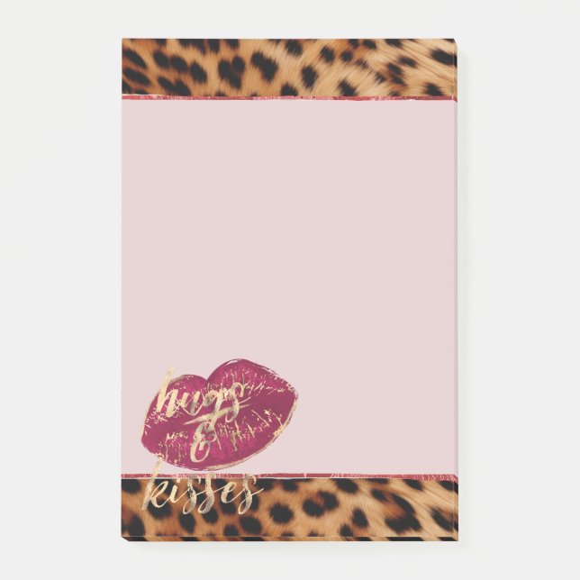 Girly Glam Leopard Hugs & Kisses Läppar Post-it Block (Framsida)
