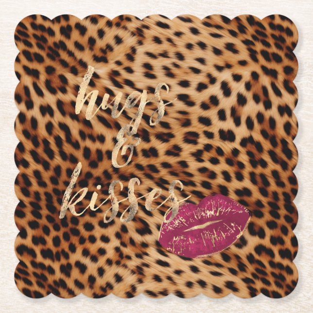 Girly Glam Leopard Hugs & Kisses Läppar Underlägg Papper (Framsida)