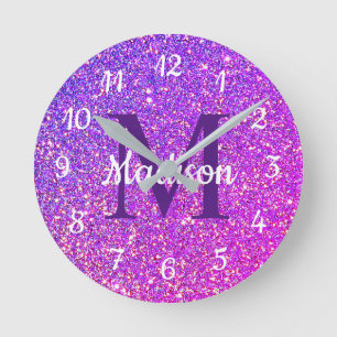 Girly Glam Lila Glitter Monogram Personlig Rund Klocka