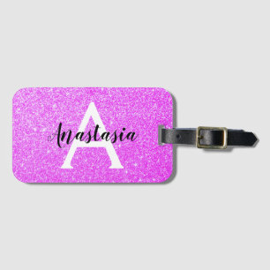 Girly Glam Lila Glitter Sparkles Monogram Namn Bagagebricka