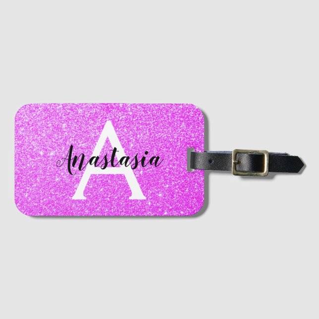 Girly Glam Lila Glitter Sparkles Monogram Namn Bagagebricka (Framsida horisontal)