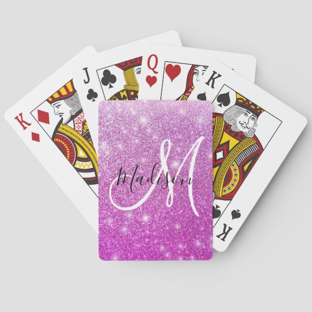 Girly & Glam Lila Glitter Sparkles Monogram Namn Casinokort (Baksidan)