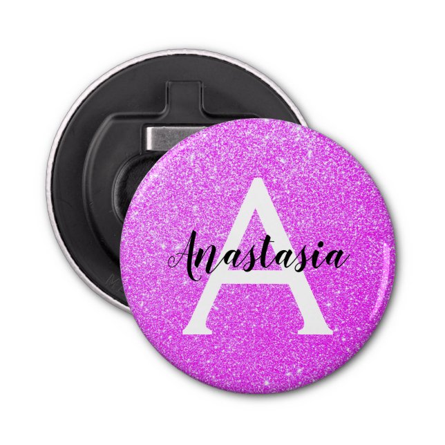 Girly Glam Lila Glitter Sparkles Monogram Namn Flasköppnare (Framsidan)