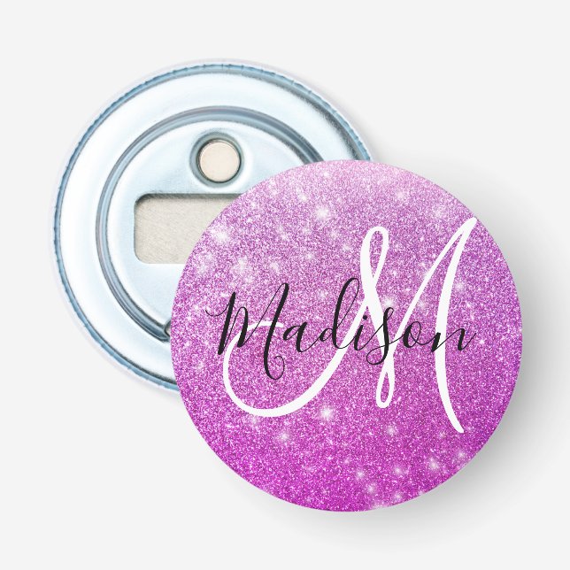 Girly & Glam Lila Glitter Sparkles Monogram Namn Flasköppnare (Framsidan)