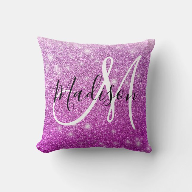 Girly & Glam Lila Glitter Sparkles Monogram Namn Kudde (Framsida)