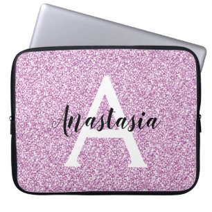 Girly Glam Lila Glitter Sparkles Monogram Namn Laptop Fodral