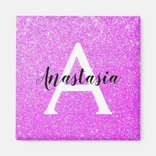 Girly Glam Lila Glitter Sparkles Monogram Namn Magnet