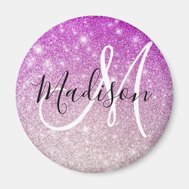 Girly & Glam Lila Glitter Sparkles Monogram Namn Magnet (Framsidan)