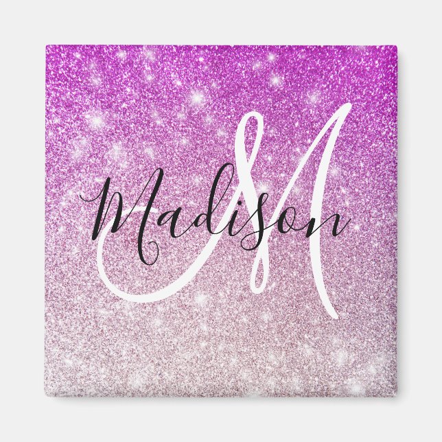 Girly & Glam Lila Glitter Sparkles Monogram Namn Magnet (Framsidan)