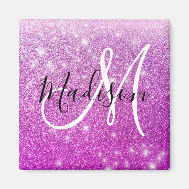 Girly & Glam Lila Glitter Sparkles Monogram Namn Magnet (Framsidan)